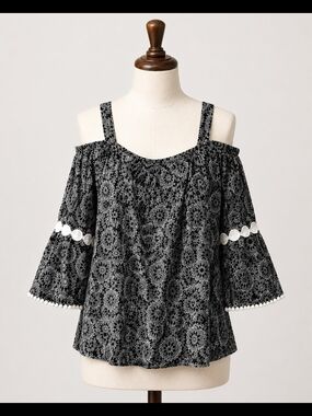 Skye's the Limit Black Mandala Floral Off-Shoulder Crop Top with White Pom Trim